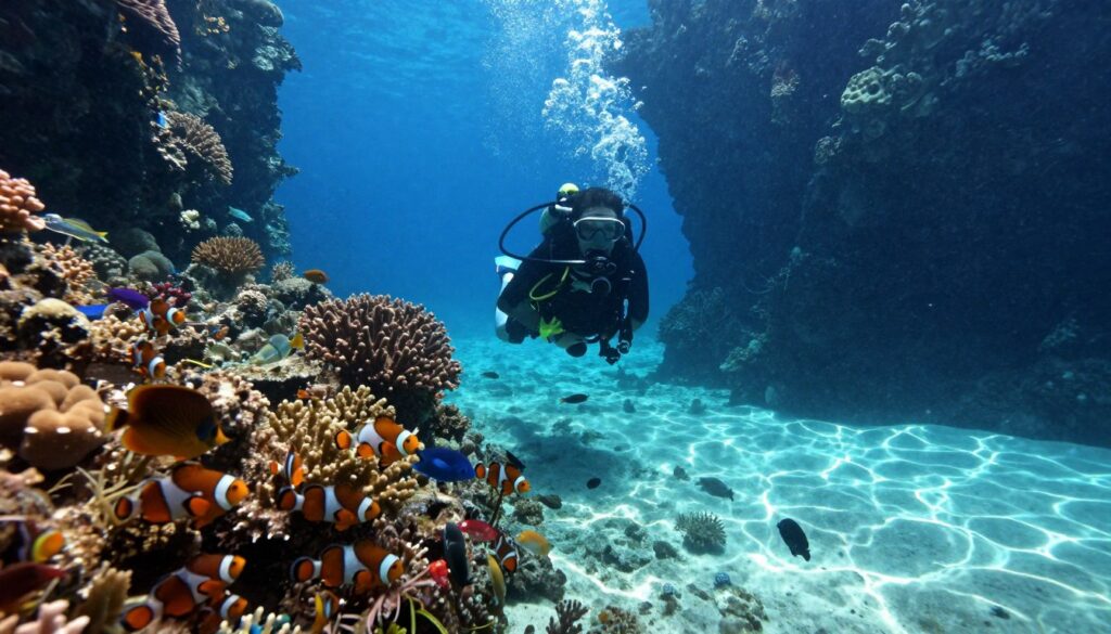 A breathtaking underwater scene showcasing the hidden charm of Balate Wall, a renowned dive site in Carmen Del Norte, Mindanao Island, Philippines. In the foreground, vibrant coral reefs teeming with colorful fish, including clownfish and butterfly fish. Bright sunlight filters through the water, creating dappled patterns on the ocean floor. In the middle ground, a diver in modest scuba gear explores the rich marine life, with their focused expression reflecting the wonder of the underwater world. The background reveals sheer vertical walls covered in soft corals and sponges, stretching into the deep blue sea. The atmosphere is serene and enchanting, capturing the essence of an unforgettable diving experience. The scene is shot with a wide-angle lens to encompass the expansive beauty, emphasizing the clarity and vivid colors of the underwater environment. Butuan Bay Scuba branding subtly integrated into the composition.