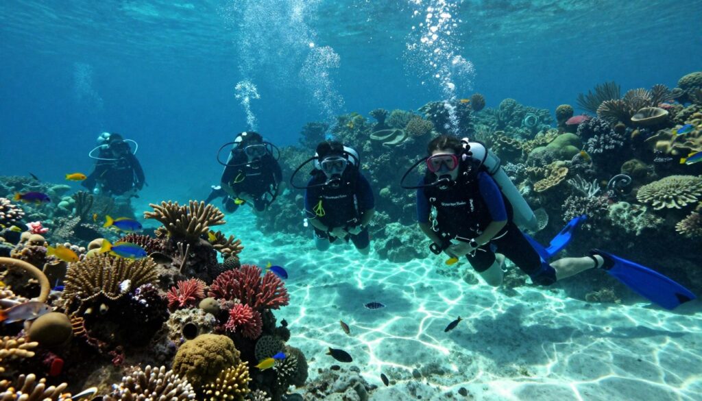 A vibrant underwater scene showcasing the Cahayagan Marine Sanctuary in Carmen Del Norte, Mindanao Island, Philippines. In the foreground, a group of scuba divers, dressed in modest wetsuits with the brand logo "Butuan Bay Scuba," explore a colorful coral reef teeming with marine life. Schools of tropical fish dart around the coral formations, and the blues and greens of the water create a serene atmosphere. In the middle ground, a rocky underwater landscape is visible, accentuated by soft rays of sunlight filtering down from the surface, casting shimmering patterns on the sandy sea floor. The background features a lush, vibrant marine ecosystem with patches of corals and sea fans, enhancing the sense of conservation success. The overall mood is calm and hopeful, emphasizing the beauty of marine biodiversity and the importance of preserving it.